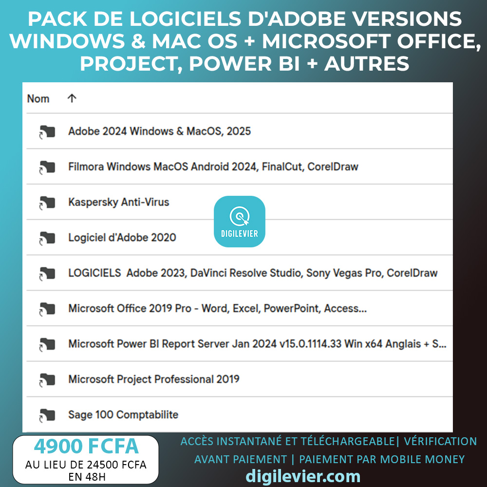 Pack de logiciels d'Adobe versions Windows et MacOS + Microsoft Office, PowerBI, Project + Filmora, FinalCut, DaVinci...